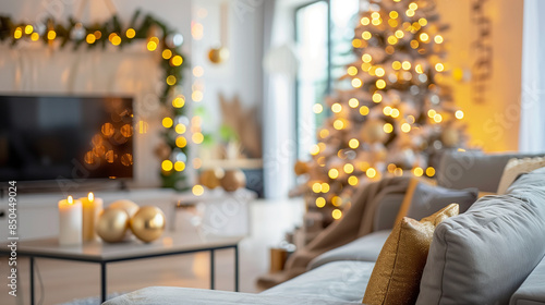 Ein gemütliches, hell eingerichtetes Wohnzimmer mit Weihnachtsbaum und winterlicher Dekoration