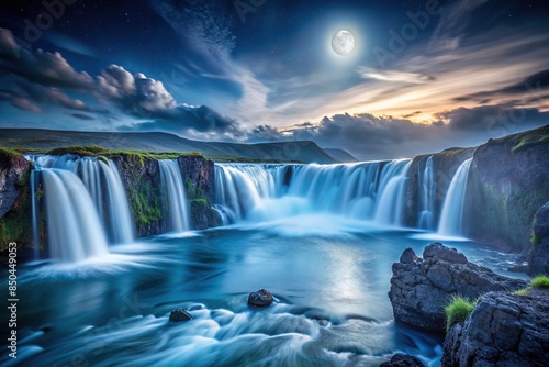 Icelandic elegance captured in a stunning photo of waterfalls illuminated by the moonlight , Iceland, waterfalls, moonlight