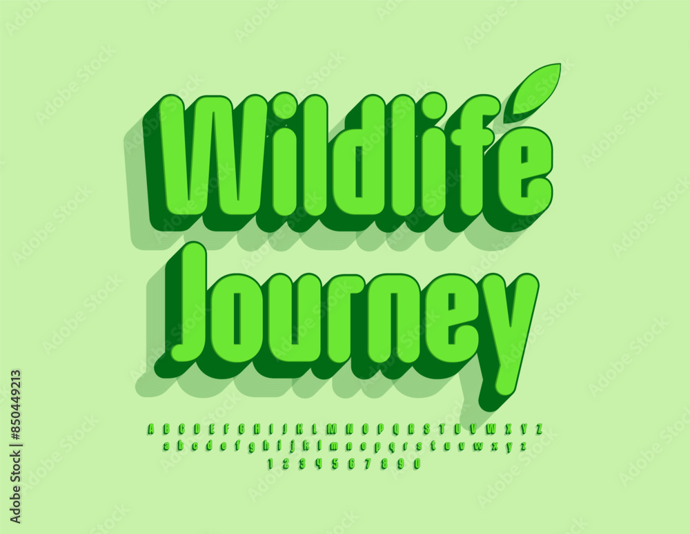 Vector ecologic template Wildlife Journey. Bright Green 3D Font. Modern Alphabet Letters and Numbers set. Vector ecologic template Wildlife Journey. Bright Green 3D Font. Modern Alphabet Letters and Numbers set.