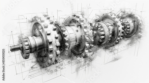 In Reihe geschalteter Zahnräder erhebt sich dreidimensional vom Untergrund ab, Technische Bleistiftzeichnung vor hellem Hintergrund, Querformat