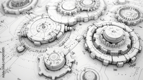 Eine Technische Zeichnung in Schwarz-Weiß mit verschiedenen Zahnrädern, die dreidimensional aus dem Bild herauskommen