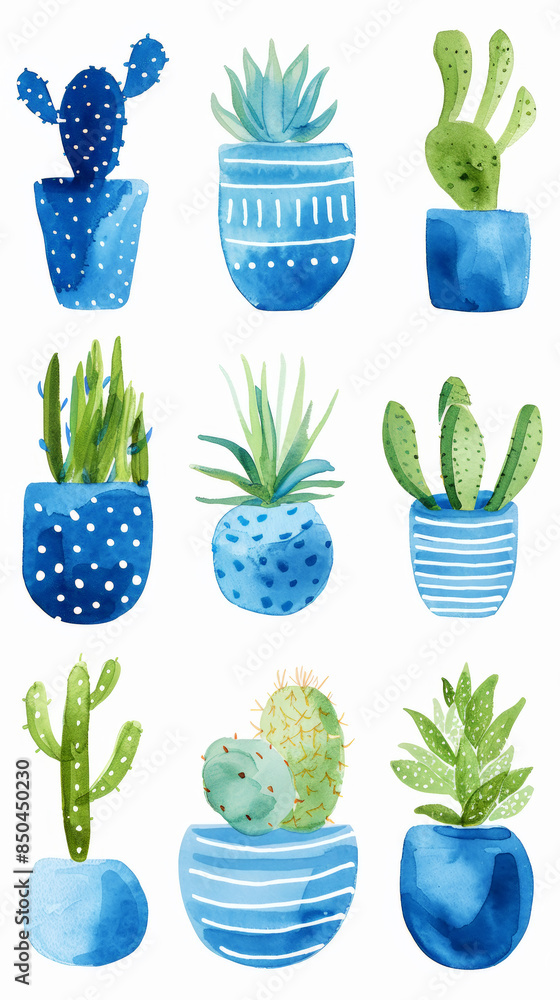 Watercolor set of trendy abstract cacti in beautiful blue pots in pastel colors, clean white background. Generative AI Watercolor set of trendy abstract cacti in beautiful blue pots in pastel colors, clean white background. Generative AI