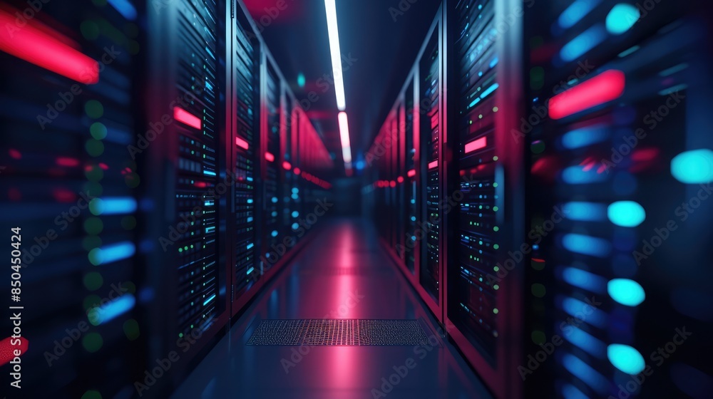 Modern dark data center, focus on the foreground, 3D render Modern dark data center, focus on the foreground, 3D render