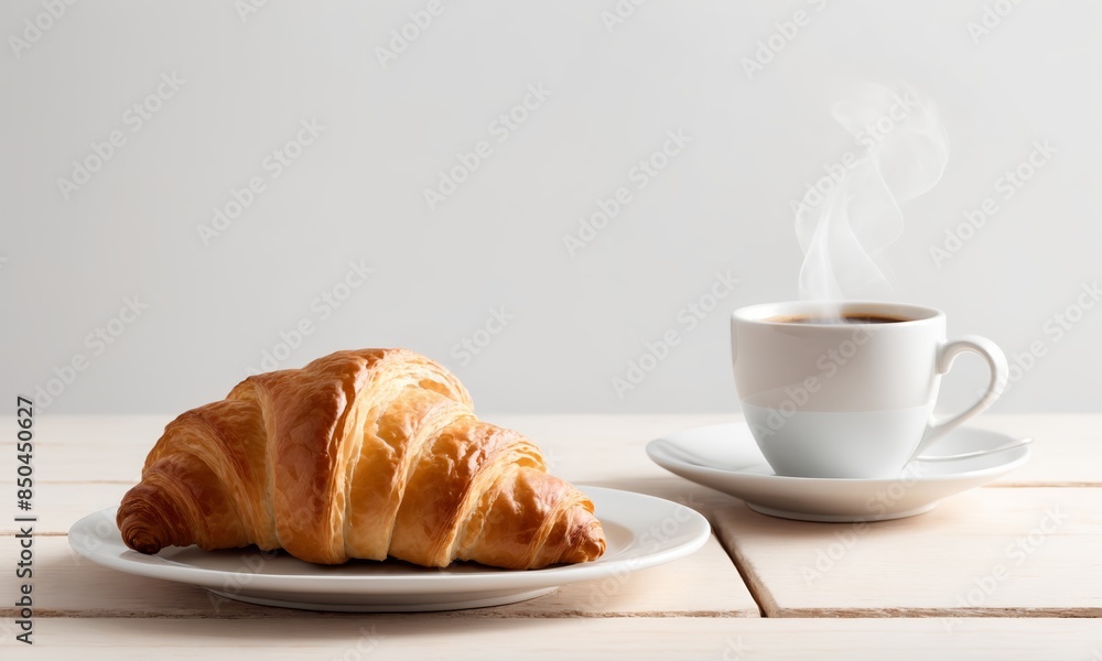Steaming coffee and a croissant on a white table Steaming coffee and a croissant on a white table