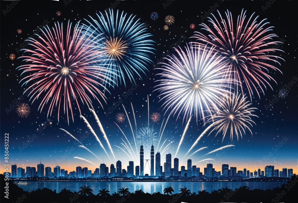 Fototapeta premium fireworks display above kuala lumpur malaysia skyline with a city in the background