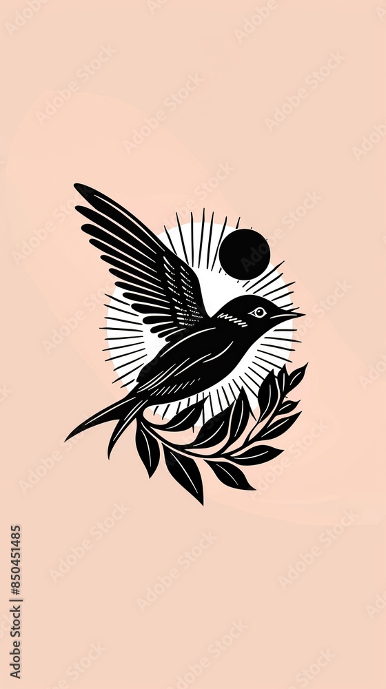Fototapeta premium Black and White Bird Illustration with Sun and Branch