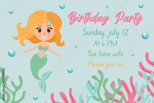 Birthday invitation with mermaid. Vector template of mermaid theme birthday party invitation.