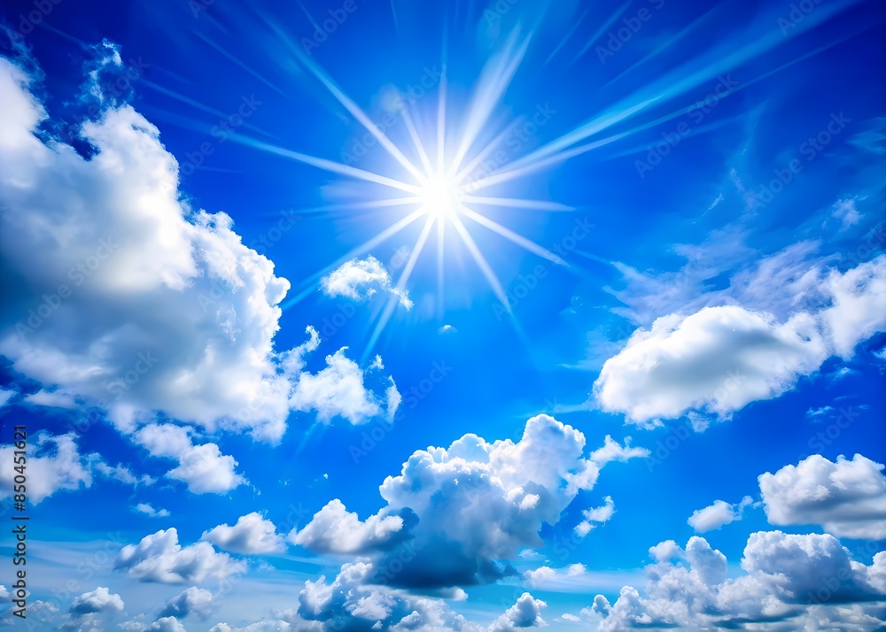 Blue Sky And White Clouds With Shining Sun Rays. Blue Sky And White Clouds With Shining Sun Rays.