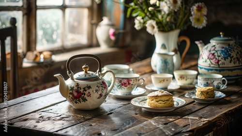 Teapot: A teapot stands on a rustic wooden table, surrounded by mismatched teacups and a plate of freshly baked scones, in a quaint English countryside kitchen