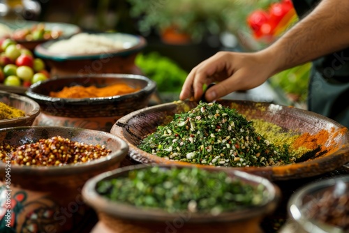 Hand reaching for fresh herbs in Middle Eastern market, vibrant colors and textures create captivating scene