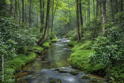 A serene forest stream flows through a lush green forest, creating a peaceful and tranquil atmosphere
