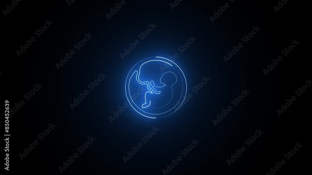 Glowing child from the future and placenta in the uterus. Glowing neon line style embryo child icon animation . A human baby in the womb animation.