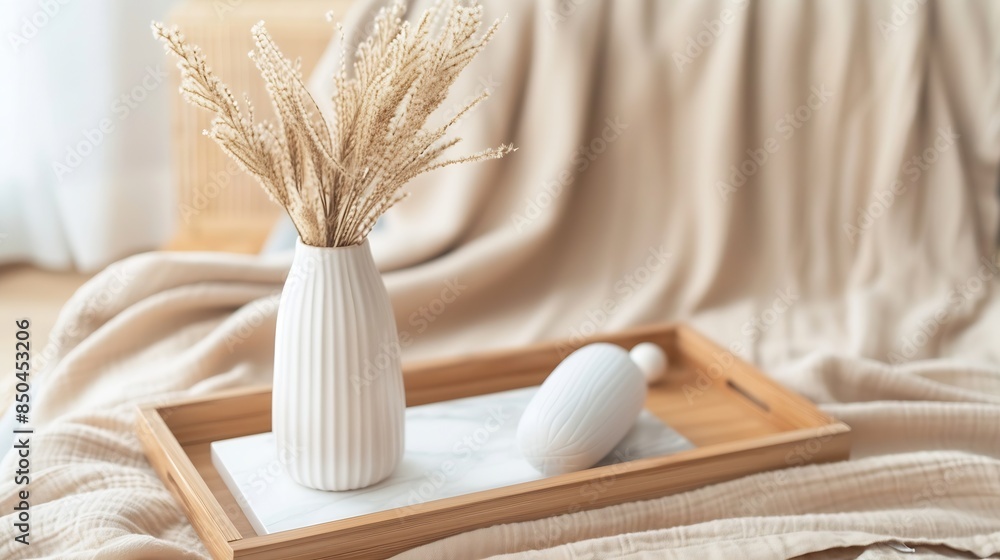 Modern white ceramic vase with dry Lagurus ovatus grass and marble tray on vintage wooden bench table Blurred beige linen blanket in front Scandinavian interior Empty white wall copy s : Generative AI Modern white ceramic vase with dry Lagurus ovatus grass and marble tray on vintage wooden bench table Blurred beige linen blanket in front Scandinavian interior Empty white wall copy s : Generative AI