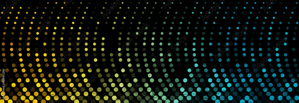 Obraz premium Bright blue yellow curved minimal halftone dots grunge abstract background. Geometric tech wavy concept vector design