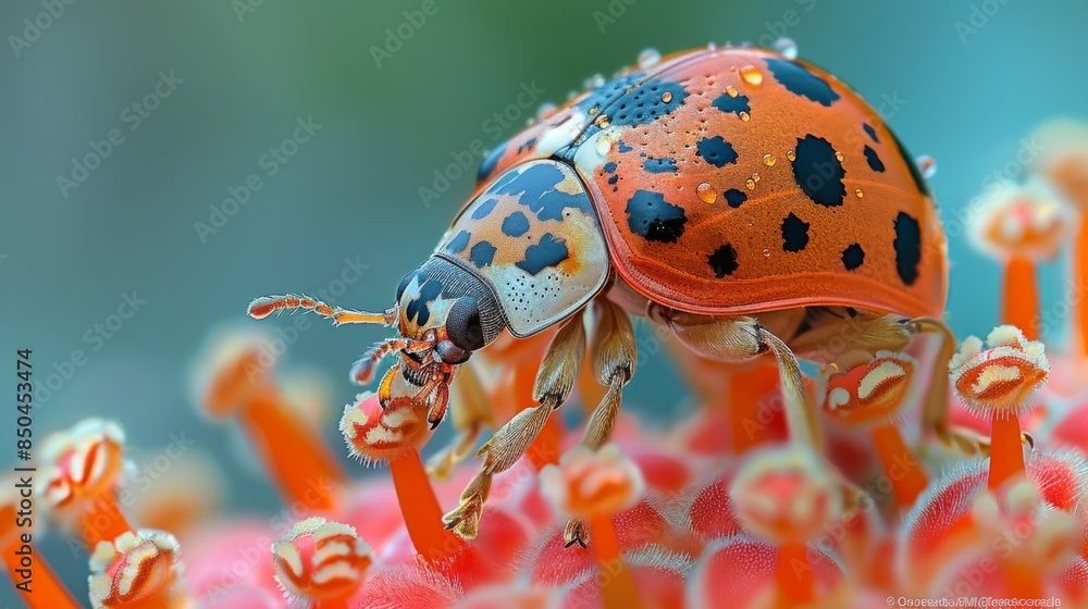 Fototapeta premium Ladybug on a Flower with Dew Drops