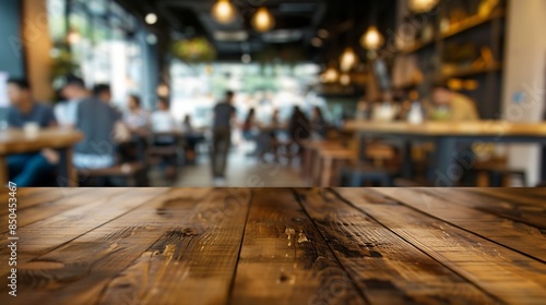 Wood table top with blur of people in coffee shop or caferestaurant backgroundFor montage product display or design key visual layout : Generative AI