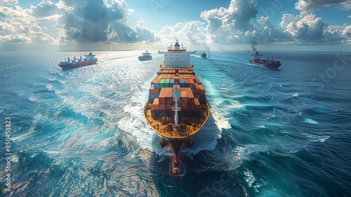 Showcase a container ship passing through a busy shipping lane, with other vessels of all shapes and sizes dotting the