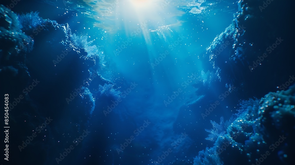 Fototapeta premium Underwater Sea Deep Abyss With Blue Sun light : Generative AI