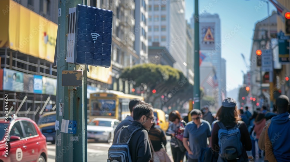 A bustling city street corner where a solarpowered WiFi hotspot provides internet access for people on the go. A bustling city street corner where a solarpowered WiFi hotspot provides internet access for people on the go.