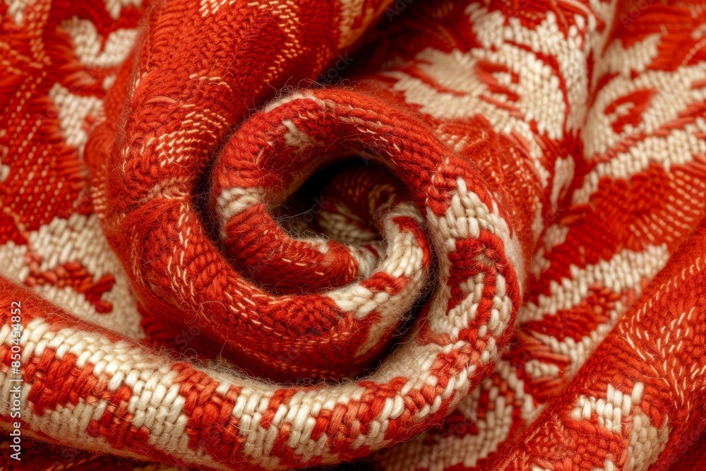 Fototapeta premium Detailed close up of intricately designed vibrant orange and white patterned fabric