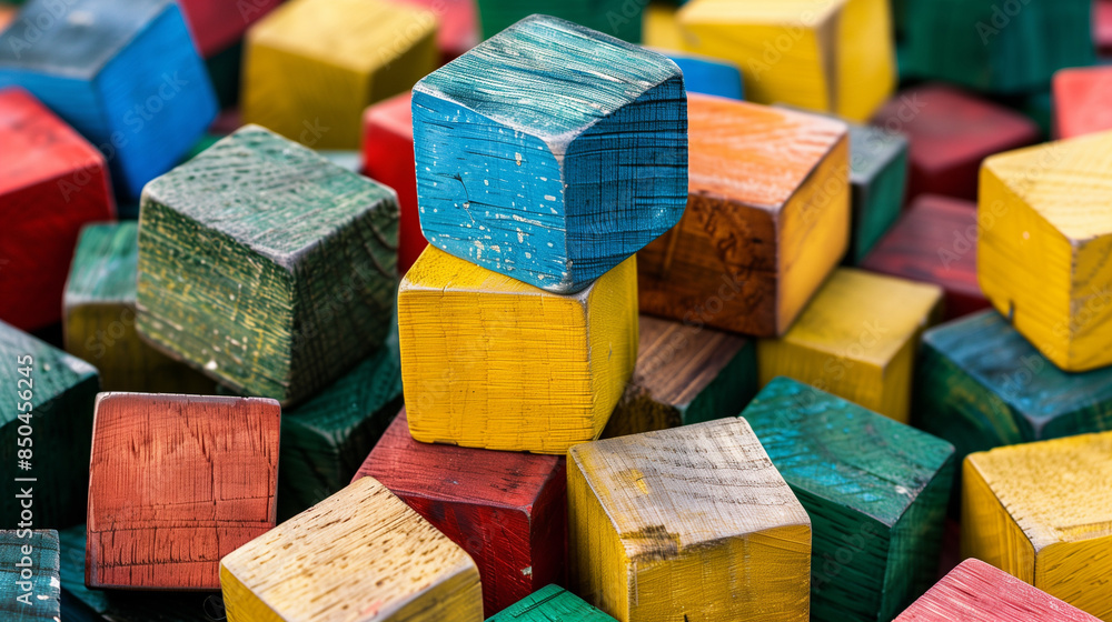 A stack of colorful wooden blocks, with a single block placed in the center. The blocks are of various shapes and sizes, each in a different color, which creates a cheerful and dynamic composition. A stack of colorful wooden blocks, with a single block placed in the center. The blocks are of various shapes and sizes, each in a different color, which creates a cheerful and dynamic composition.