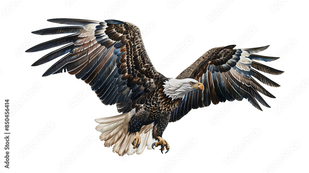 A detailed illustration of a majestic eagle in mid-flight with its wings fully spread, against a white background. A detailed illustration of a majestic eagle in mid-flight with its wings fully spread, against a white background.
