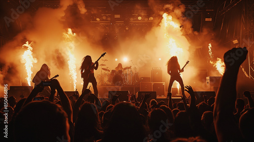 A heavy metal rock concert, where a crowd of fans indulges in the powerful sounds of distorted guitars. photo