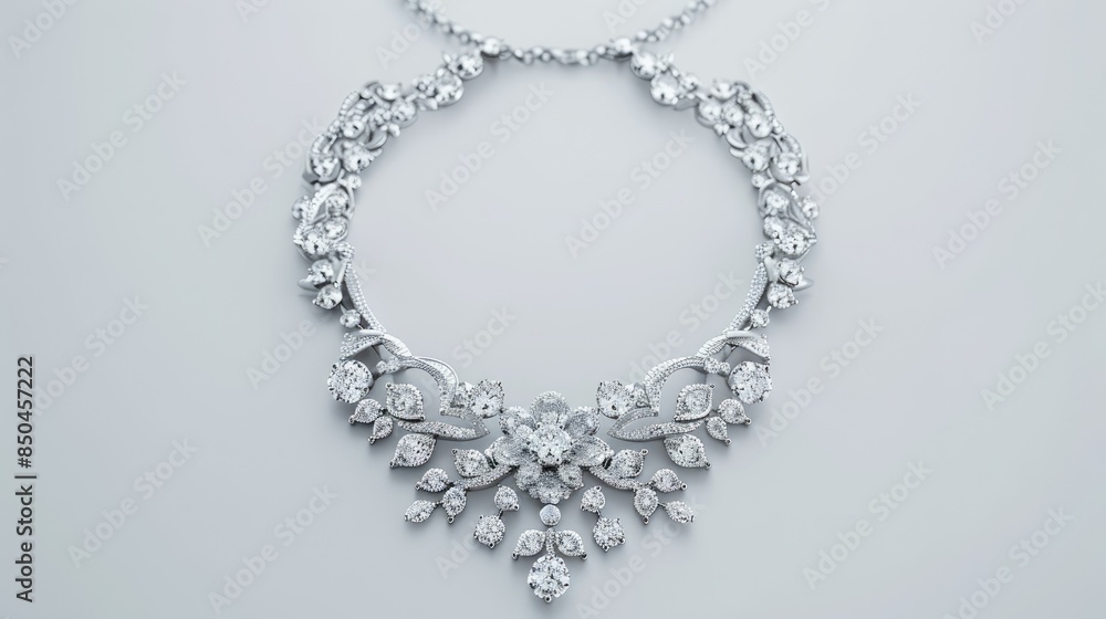 Silver necklace with diamonds for women on a white background Silver necklace with diamonds for women on a white background