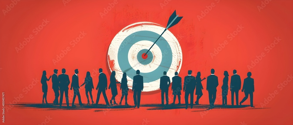 an arrow is on a target icon and lot of company workers working around it. target goal concept an arrow is on a target icon and lot of company workers working around it. target goal concept