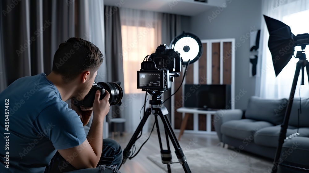 Male professional photographer shooting indoors in the living room home photography for real estate selling houses and apartments including interior design : Generative AI Male professional photographer shooting indoors in the living room home photography for real estate selling houses and apartments including interior design : Generative AI