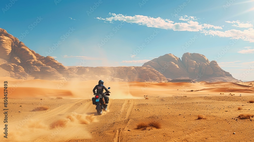 A single rider on a motorcycle drives through the vast Wadi Rum desert in Jordan. The image captures the sense of freedom and adventure in an expansive, barren environment. Generative AI A single rider on a motorcycle drives through the vast Wadi Rum desert in Jordan. The image captures the sense of freedom and adventure in an expansive, barren environment. Generative AI