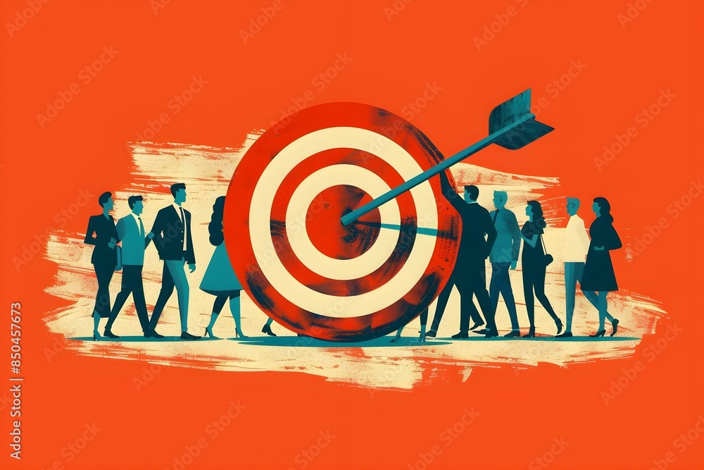 an arrow is on a target icon and lot of company workers working around it. target goal concept an arrow is on a target icon and lot of company workers working around it. target goal concept