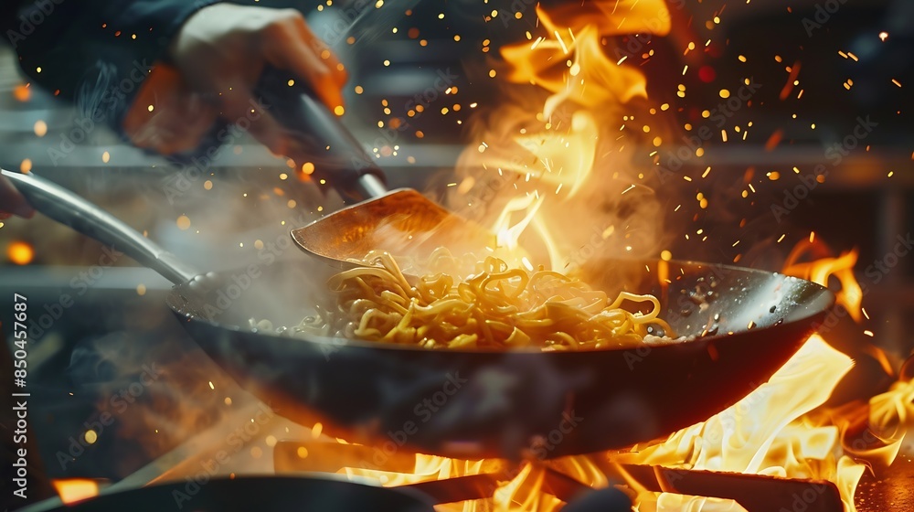 Chefs cooking wok noodles in a skillet with blazing fire Closeup of a chef throws ingredients into a frying pan while preparing Chinese food Slow motion 4K video : Generative AI Chefs cooking wok noodles in a skillet with blazing fire Closeup of a chef throws ingredients into a frying pan while preparing Chinese food Slow motion 4K video : Generative AI