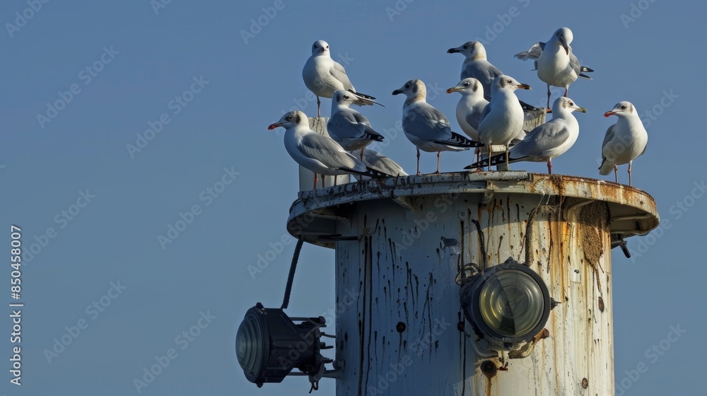 A flock of seagulls perch atop a solarpowered navigation buoy taking advantage of the warm rays of sun. A flock of seagulls perch atop a solarpowered navigation buoy taking advantage of the warm rays of sun.