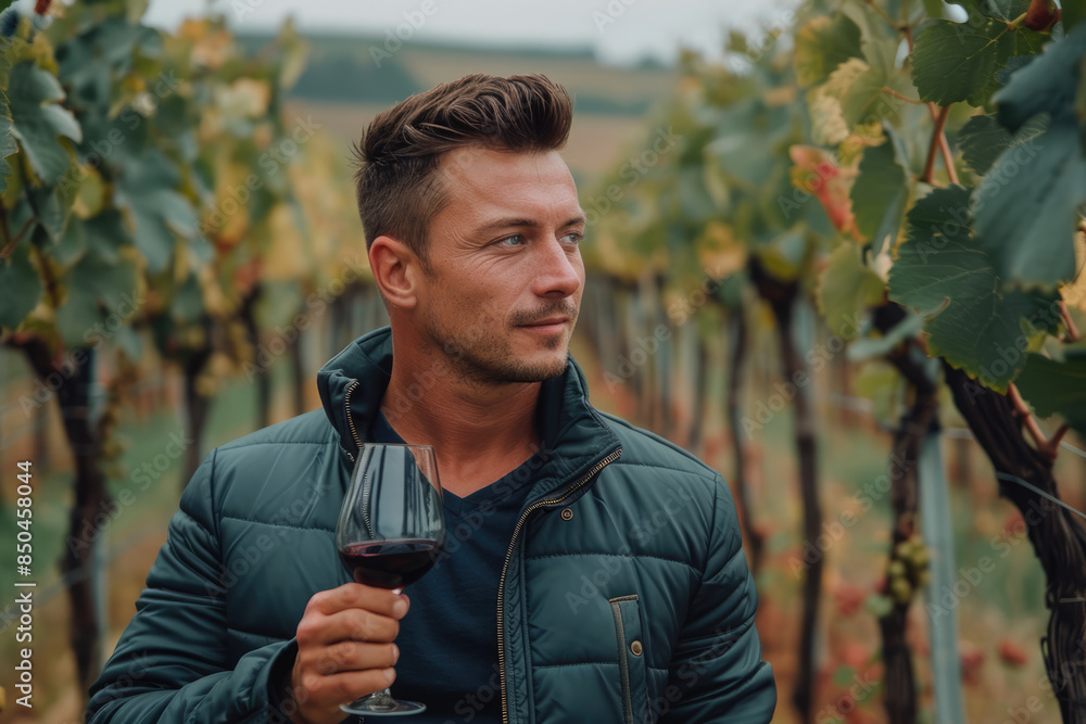 Vineyard Bliss at Fall: Thoughtful Man with the Scarf Relaxing Among the Vines, Celebrating the Moment with a Glass of Wine. Vineyard Bliss at Fall: Thoughtful Man with the Scarf Relaxing Among the Vines, Celebrating the Moment with a Glass of Wine.
