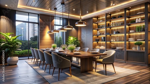 Modern dining interior with elegant decor and ambient lighting, dining, interior, modern, elegant, decor, ambient © guntapong