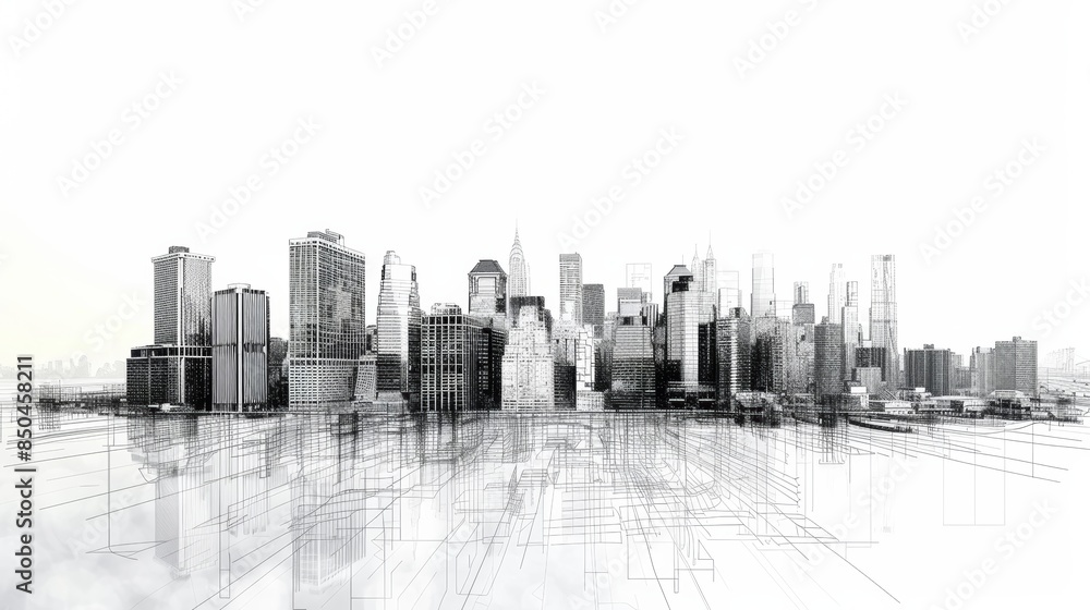 Minimalist line art, city skyline, black and white, high definition, simple and clean lines, modern urban design, elegant and stylish