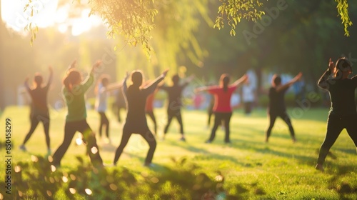 The outdoor Tai Chi class appears as a hazy gathering peacefully practicing in the park.