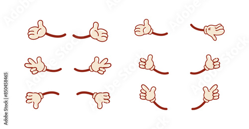 Set of vintage hand gestures for a character. Retro style. Like, peace, open palm. For stickers, design elements. human palms and wrist. Emoji for messengers