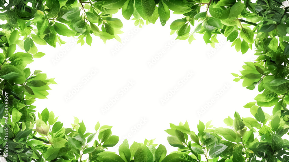 Lush green leaves bordering a bright white background, ideal for eco-friendly themes. Lush green leaves bordering a bright white background, ideal for eco-friendly themes.
