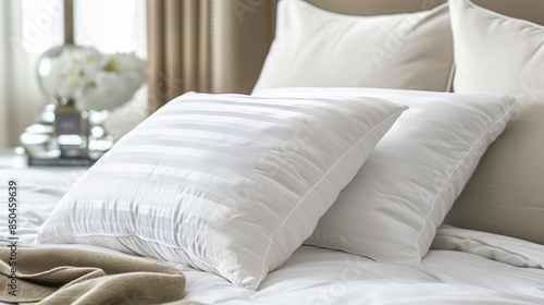 Cozy modern bedroom with white pillows and a neutral-toned headboard, perfect for interior design, relaxation, and lifestyle imagery.