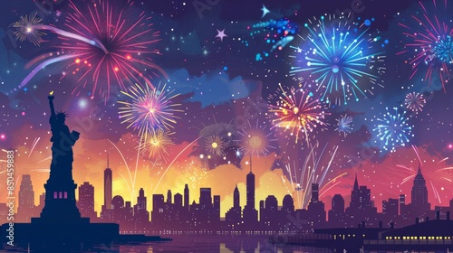 Statue of Liberty illuminated by colorful fireworks on a night sky in New York City.