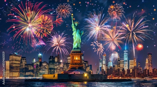 Statue of Liberty illuminated by colorful fireworks on a night sky in New York City.
