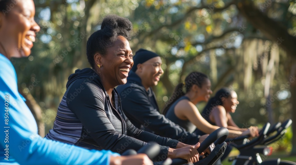 A group of people laughing and enjoying a workout on a solarpowered stationary bike in a serene park setting. A group of people laughing and enjoying a workout on a solarpowered stationary bike in a serene park setting.