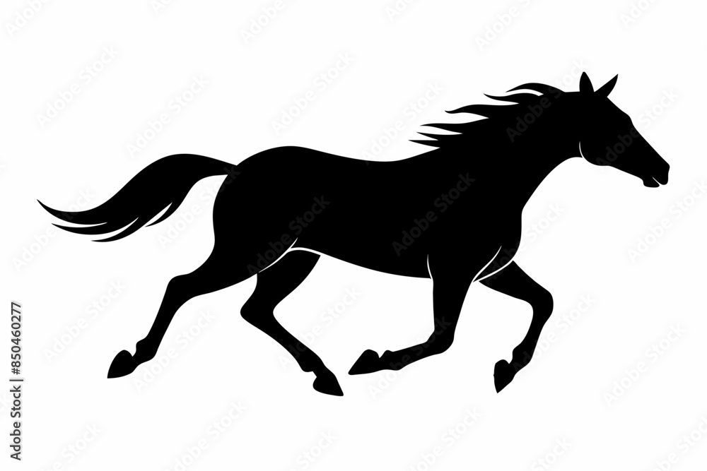 Black silhouette of a running horse isolated on a white background. Concept of wild animal illustration, minimalist style, galloping equine. Print, icon, logo, template, pictogram, element for design Black silhouette of a running horse isolated on a white background. Concept of wild animal illustration, minimalist style, galloping equine. Print, icon, logo, template, pictogram, element for design
