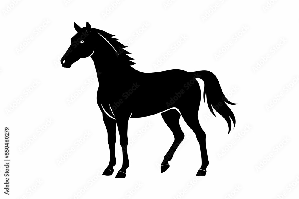 Obraz premium Black silhouette of a horse isolated on a white background. Concept of equine illustration minimalist style, majestic animal art, suitable for prints, icons, logos, and design elements