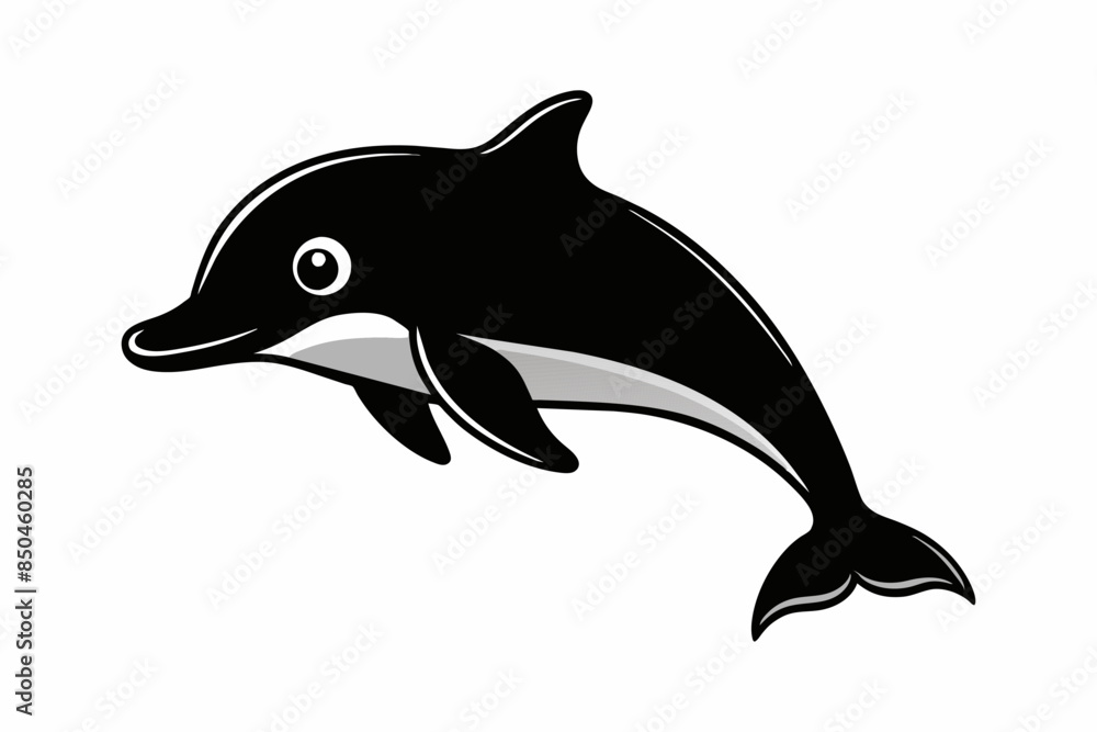 Fototapeta premium Silhouette of cartoon dolphin isolated on a white background. Black dolphin illustration in a simple design. Concept of animal illustration, marine life, minimalistic design, aquatic icon
