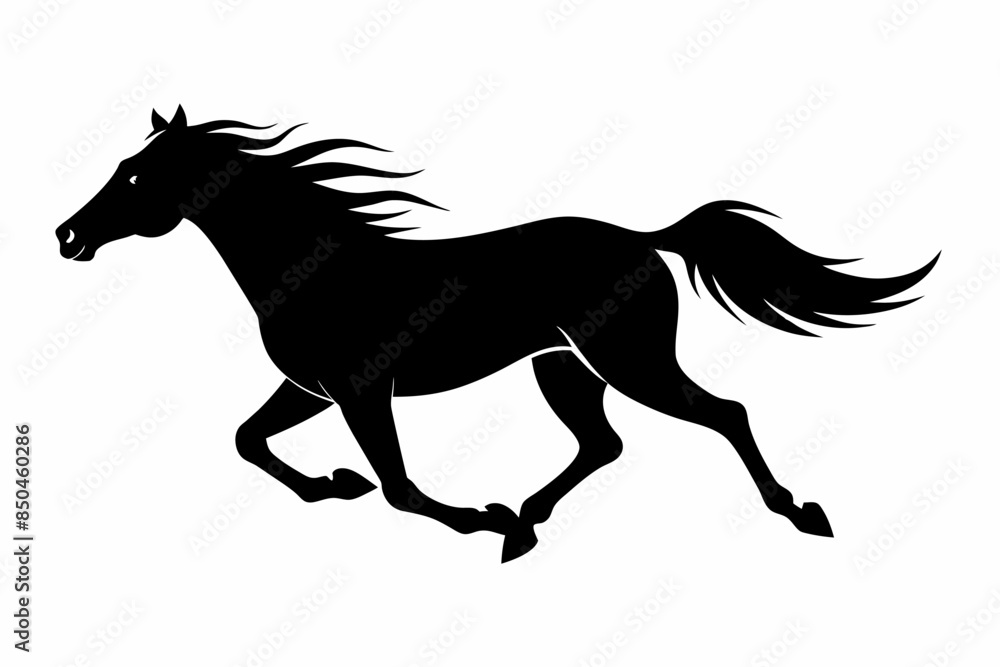 Black silhouette of a running horse isolated on a white background. Concept of wild animal illustration, minimalist style, galloping equine. Print, icon, logo, template, pictogram, element for design Black silhouette of a running horse isolated on a white background. Concept of wild animal illustration, minimalist style, galloping equine. Print, icon, logo, template, pictogram, element for design