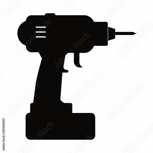Black silhouette of a drill isolated on a white background. Concept of power tools illustration, minimalist style, construction tool. Print, icon, logo, template, pictogram, element for design.