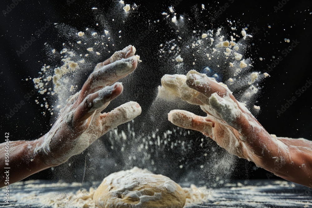 Fototapeta premium Hands Kneading Dough with Flour Splash on Black Background - Baking Concept CloseUp